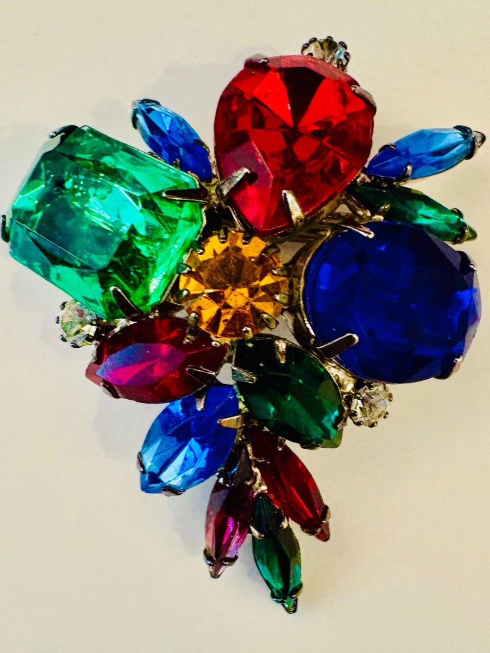 Vintage 1960s Multicolor Rhinestone Brooch Jewel Tone Glass Statement Pin